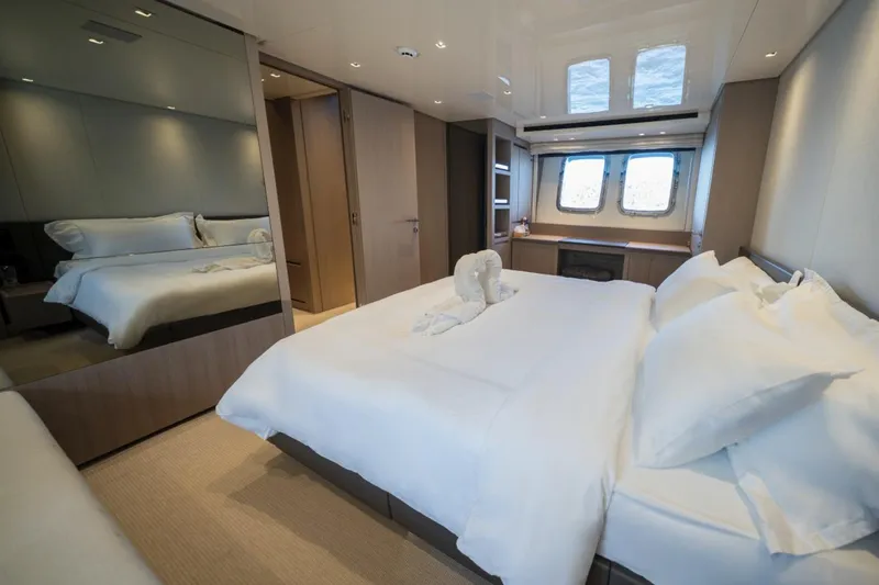  Yacht Photos Pics Luxurious bedroom interior of 2023 Sanlorenzo SX76 yacht with elegant decor and large windows.