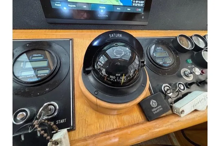 Aqua Billy Yacht Photos Pics Boat dashboard with compass, gauges, and navigation screen, featuring a 1995 Symbol Super Sedan.