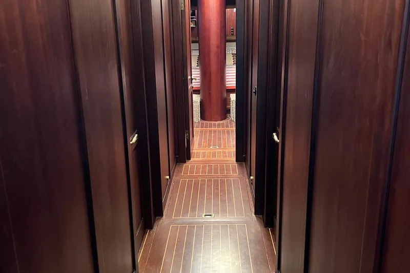  Yacht Photos Pics Luxurious wooden hallway inside 1993 Custom Sailing Yacht Ocean Pure.