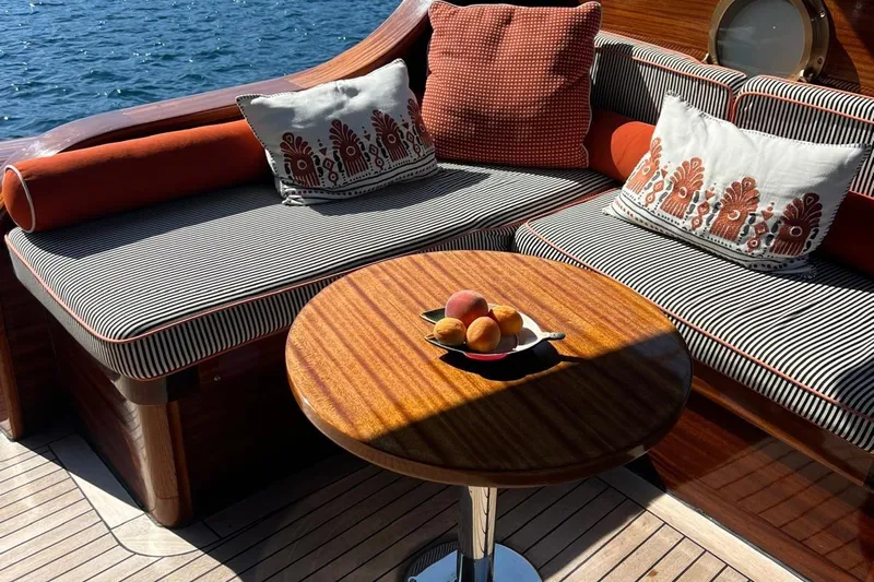  Yacht Photos Pics Luxurious seating area on 1993 Custom Sailing Yacht Ocean Pure with cushions and fruit bowl.