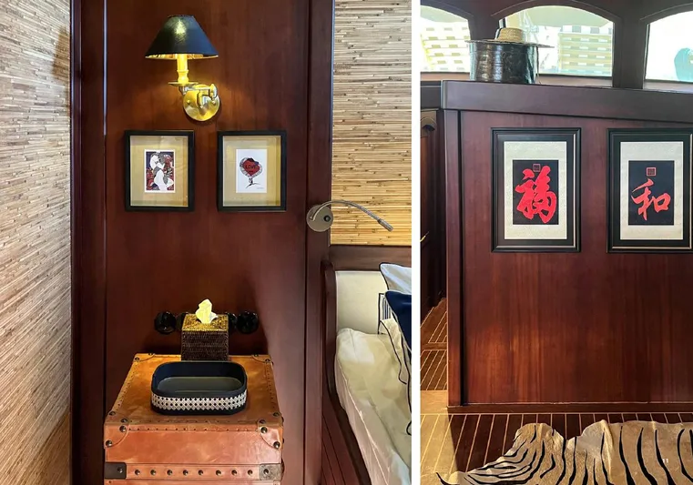  Yacht Photos Pics Interior of 1993 Custom Sailing Yacht Ocean Pure with framed art and elegant wood paneling.