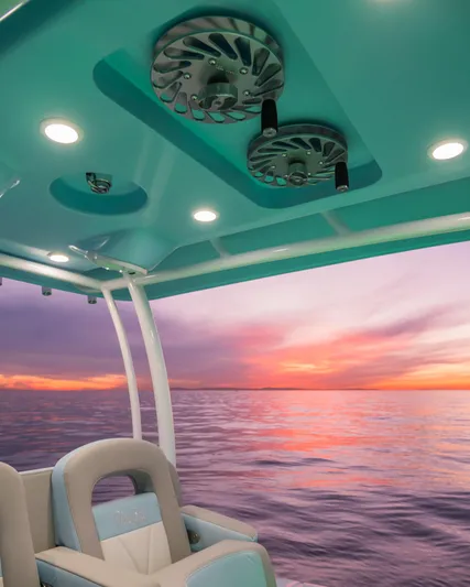  Yacht Photos Pics Interior of 2025 Mag Bay 33 boat with ocean sunset view.