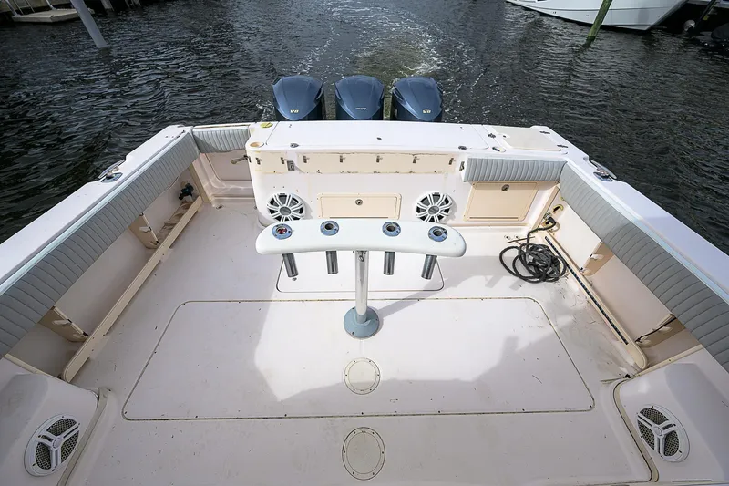  Yacht Photos Pics 2008 Grady-White Express 360 boat deck with triple outboard motors.