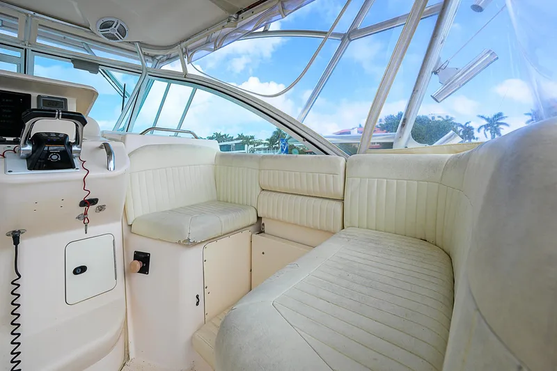  Yacht Photos Pics 2008 Grady-White Express 360 boat interior with white seating and control panel.