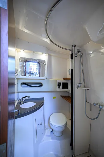  Yacht Photos Pics 2008 Grady-White Express 360 boat bathroom with shower and sink.