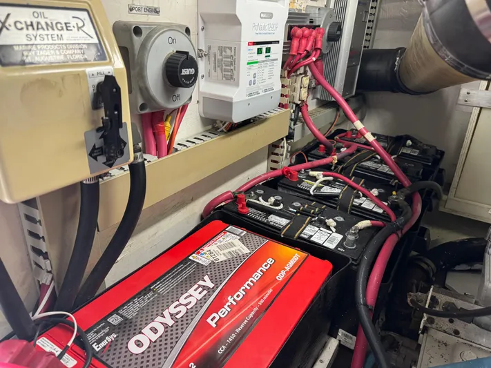  Yacht Photos Pics Engine room of 2000 Carver 450 Voyager Pilothouse with Odyssey Performance battery and wiring.