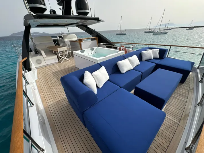Altvs Yacht Photos Pics Luxurious 2020 PerMare Amer F100 yacht deck with blue seating and ocean view.