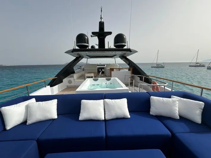 Altvs Yacht Photos Pics Luxurious 2020 PerMare Amer F100 yacht with blue seating and ocean view.