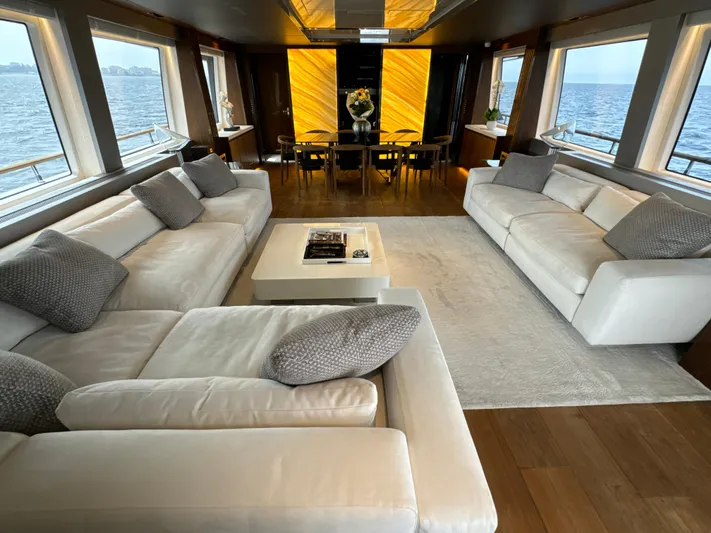 Altvs Yacht Photos Pics Luxurious interior of 2020 PerMare Amer F100 yacht with elegant seating and ocean views.