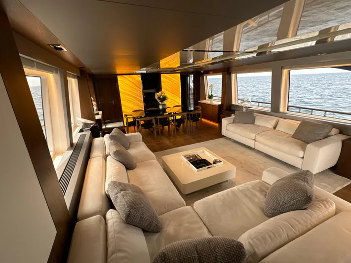 Altvs Yacht Photos Pics Luxurious interior of 2020 PerMare Amer F100 yacht with elegant seating and ocean view.