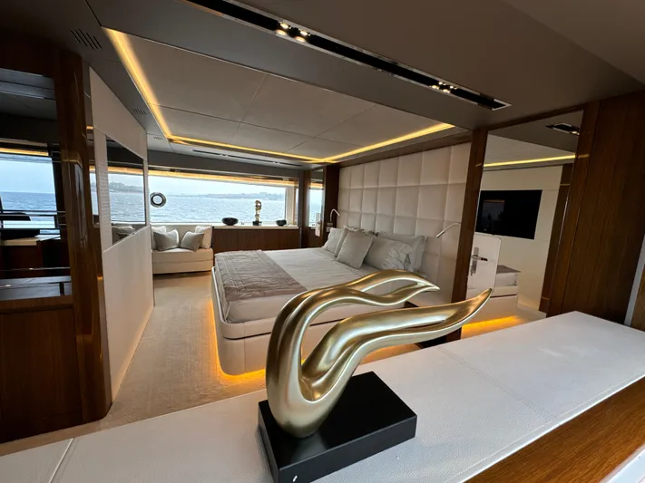 Altvs Yacht Photos Pics Luxurious interior of 2020 PerMare Amer F100 yacht with modern decor and ocean view.