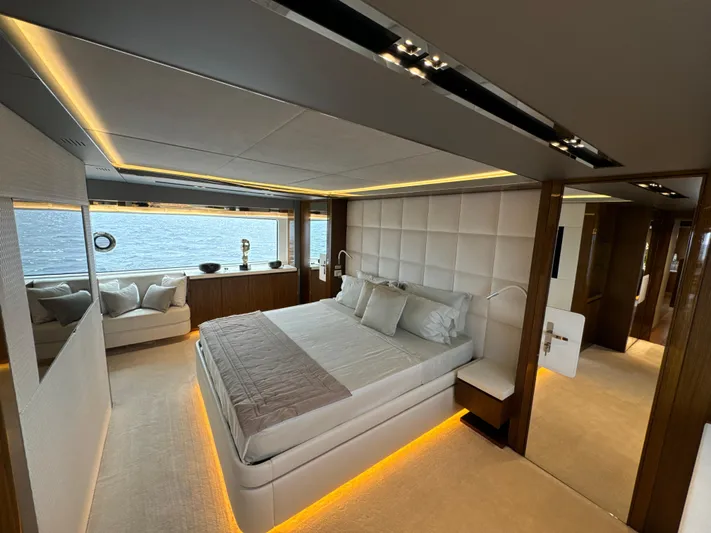 Altvs Yacht Photos Pics Luxurious bedroom interior of 2020 PerMare Amer F100 yacht with ocean view.