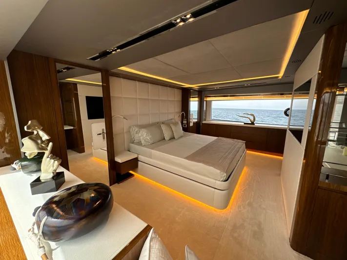 Altvs Yacht Photos Pics Luxurious bedroom interior of 2020 PerMare Amer F100 yacht with ocean view.