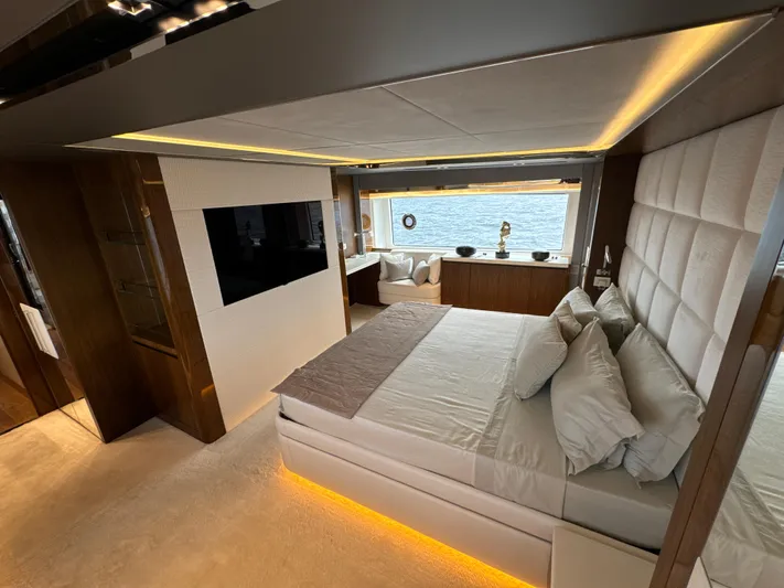 Altvs Yacht Photos Pics Luxurious bedroom interior on 2020 PerMare Amer F100 yacht with modern design and sea view.