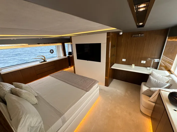 Altvs Yacht Photos Pics Luxurious bedroom interior of 2020 PerMare Amer F100 yacht with modern design and sea view.