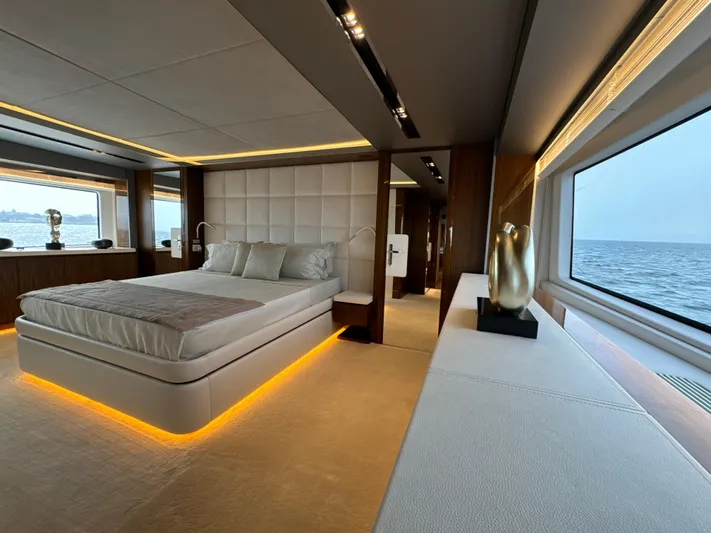 Altvs Yacht Photos Pics Luxurious bedroom interior of 2020 PerMare Amer F100 yacht with ocean view.