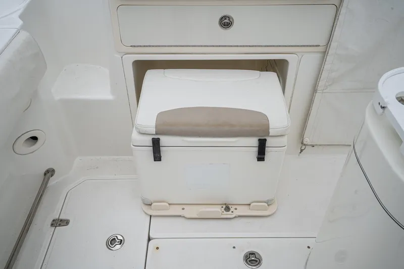 Luna Dei Pescatori Yacht Photos Pics 2009 Boston Whaler 345 Conquest interior with storage compartment and cooler.