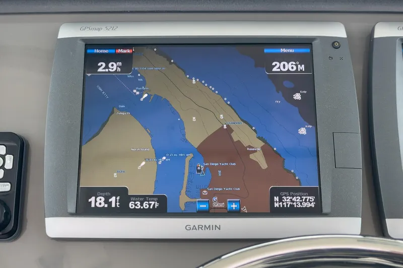 Luna Dei Pescatori Yacht Photos Pics Garmin GPS display on 2009 Boston Whaler 345 Conquest, showing nautical map and navigation data.