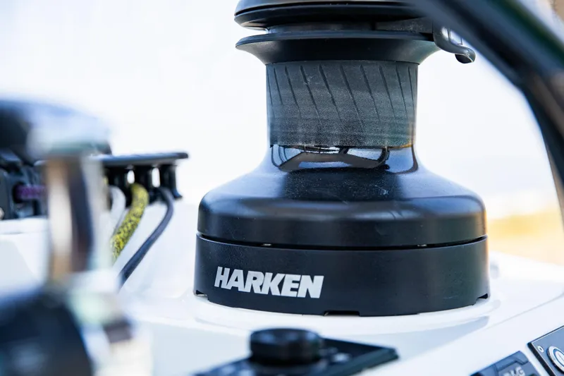 Yacht Photos Pics Close-up of Harken winch on 2022 HH Catamarans HH55 sailboat.
