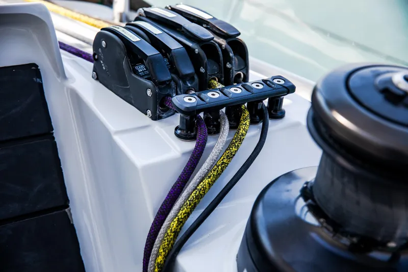  Yacht Photos Pics Close-up of 2022 HH Catamarans HH55 sailboat rigging and winch system.