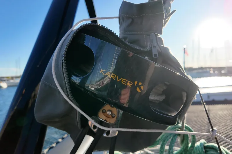  Yacht Photos Pics Karver sailing equipment on 2022 HH Catamarans HH55, with marina background.