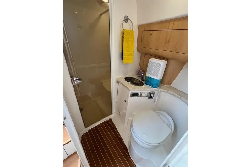 Saga Yacht Photos Pics 2019 Intrepid 430 Sport Yacht bathroom with shower, sink, and toilet.
