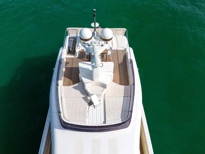 D'vinci Yacht Photos Pics Aerial view of 2015 Custom Line Navetta 28 yacht on green water.