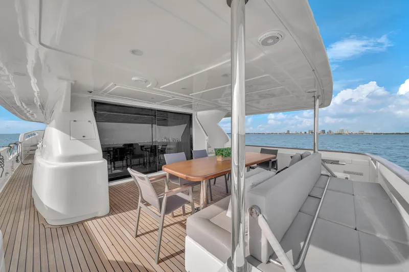 D'vinci Yacht Photos Pics Luxurious 2015 Custom Line Navetta 28 yacht deck with seating and ocean view.