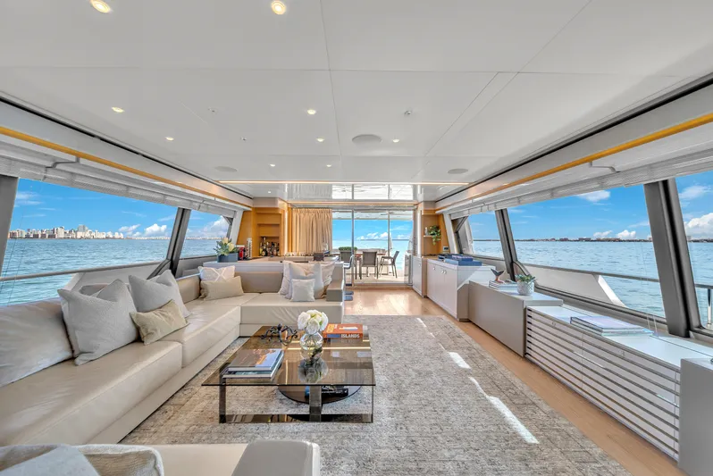 D'vinci Yacht Photos Pics Luxurious interior of 2015 Custom Line Navetta 28 yacht with panoramic ocean views.