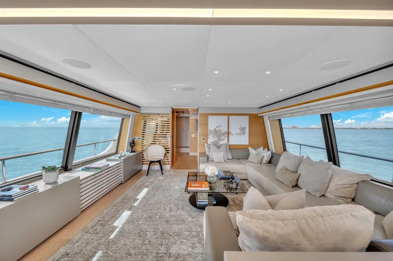 D'vinci Yacht Photos Pics Luxurious interior of 2015 Custom Line Navetta 28 yacht with ocean views.