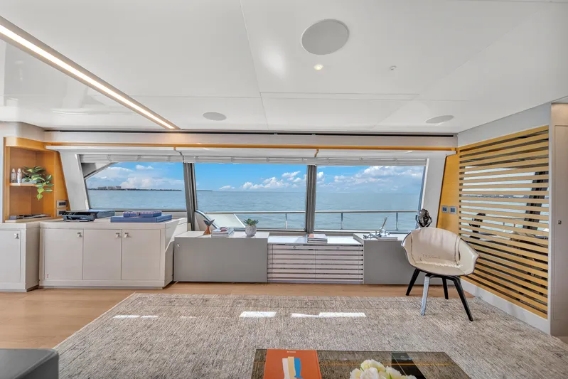 D'vinci Yacht Photos Pics Luxurious interior of 2015 Custom Line Navetta 28 yacht with ocean view.