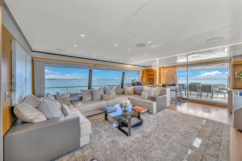 D'vinci Yacht Photos Pics Luxurious interior of 2015 Custom Line Navetta 28 yacht with ocean view.