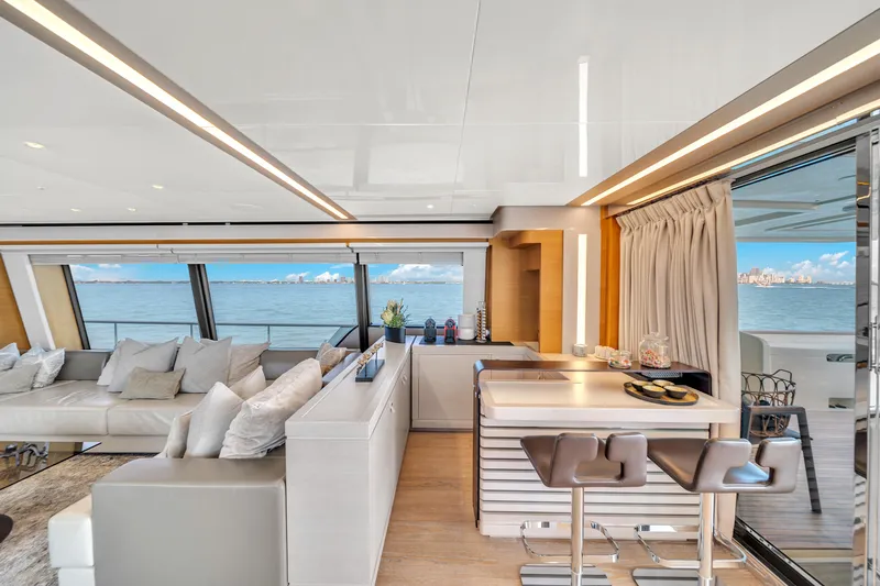 D'vinci Yacht Photos Pics Luxurious interior of 2015 Custom Line Navetta 28 yacht with ocean view.