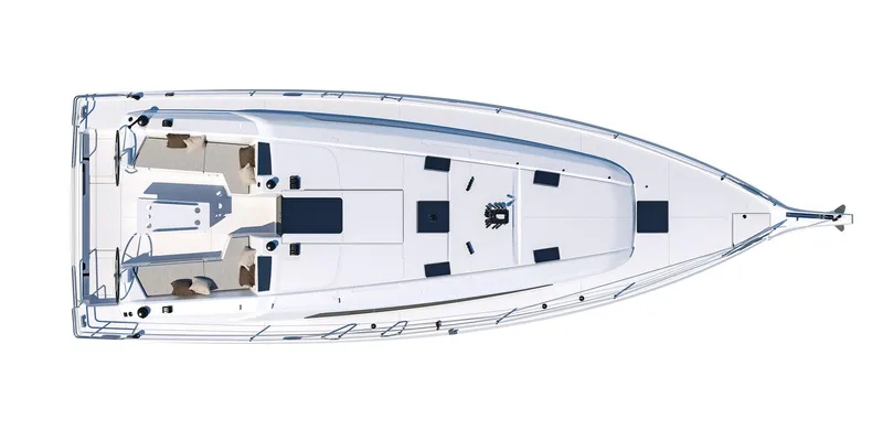  Yacht Photos Pics Top view of a 2026 Beneteau 40.1 sailboat, showcasing deck layout and seating arrangement.