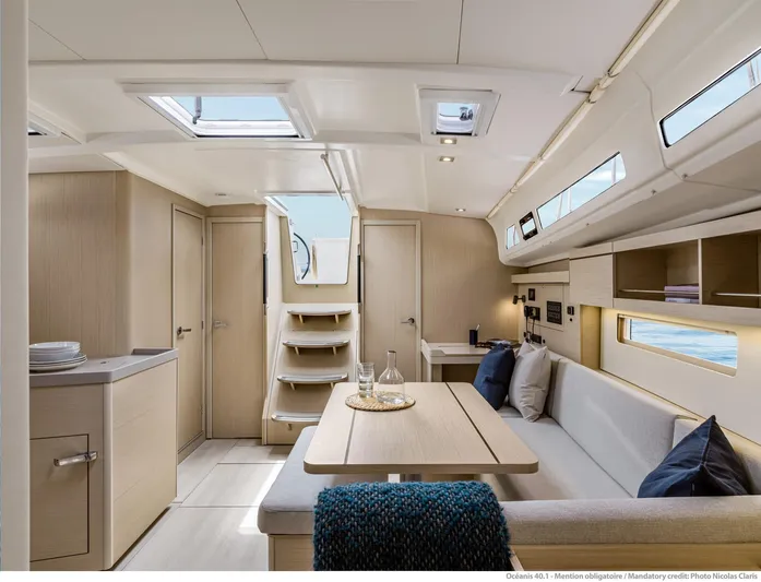  Yacht Photos Pics Interior of 2026 Beneteau 40.1 yacht, featuring modern design and comfortable seating.