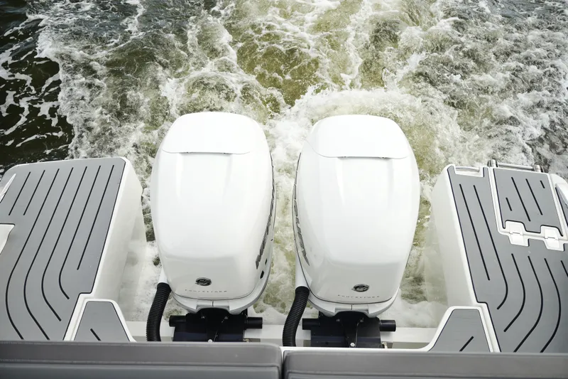  Yacht Photos Pics 2023 Galeon 400 XL boat with dual outboard motors on water.