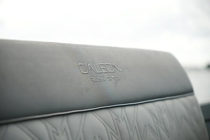  Yacht Photos Pics Close-up of Galeon 400 XL 2023 boat seat with embossed logo.