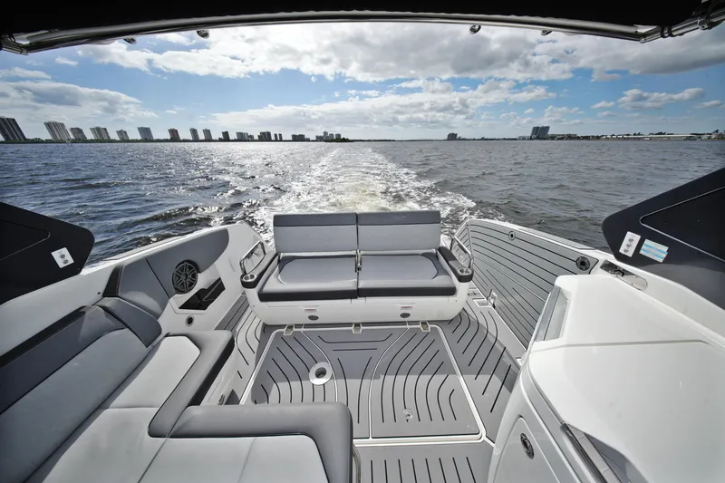  Yacht Photos Pics 2023 Galeon 400 XL yacht interior with sleek seating, cruising on open water.
