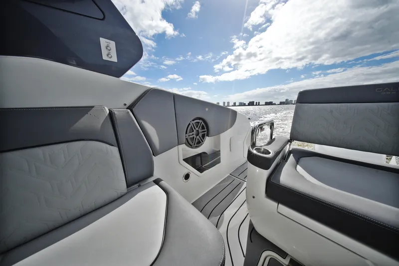  Yacht Photos Pics 2023 Galeon 400 XL yacht interior with modern seating and ocean view.