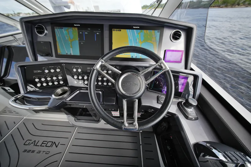  Yacht Photos Pics Cockpit of 2023 Galeon 400 XL yacht with advanced navigation displays and controls.