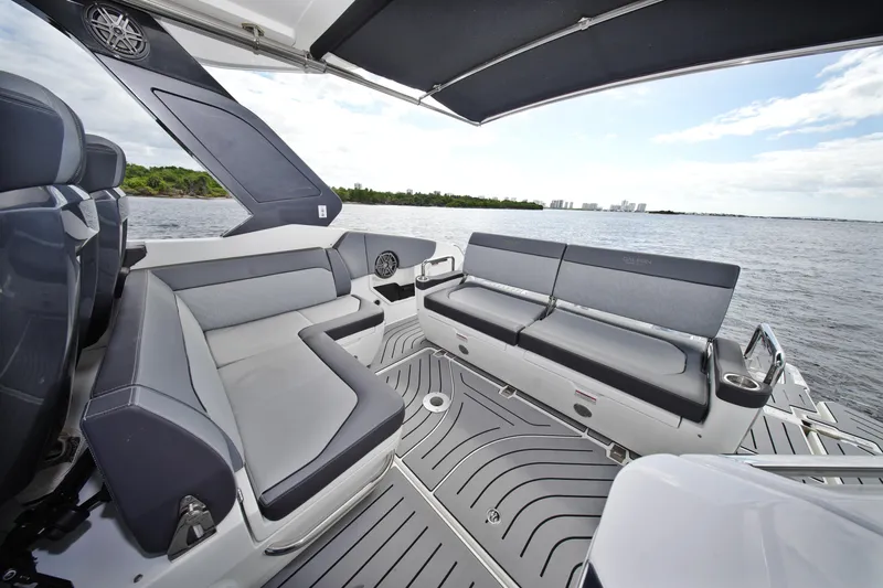  Yacht Photos Pics Luxurious seating area on 2023 Galeon 400 XL yacht, overlooking serene waters.