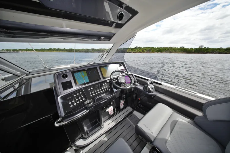  Yacht Photos Pics Modern helm of 2023 Galeon 400 XL yacht with advanced navigation systems.