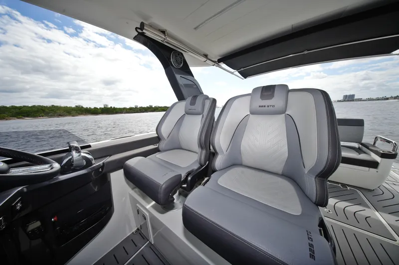  Yacht Photos Pics 2023 Galeon 400 XL boat interior with luxurious seating and scenic water view.