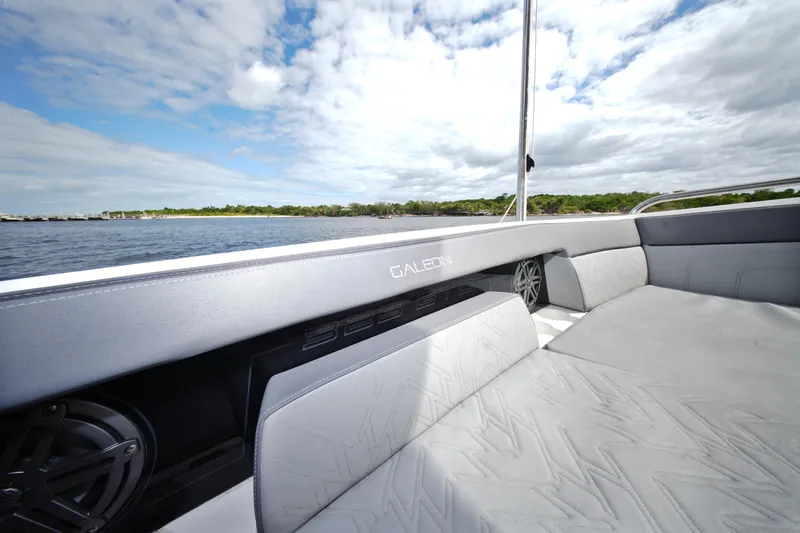  Yacht Photos Pics 2023 Galeon 400 XL boat interior with sleek seating and scenic water view.