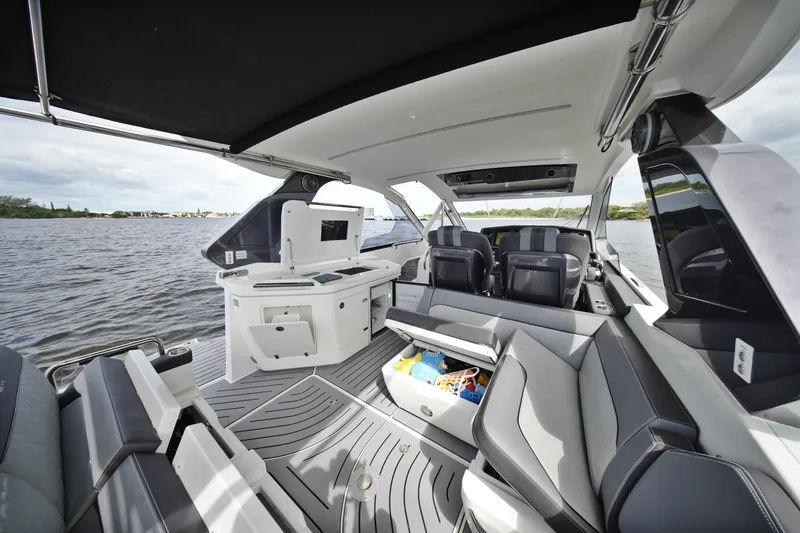 Yacht Photos Pics 2023 Galeon 400 XL yacht interior with sleek seating and modern amenities on open water.