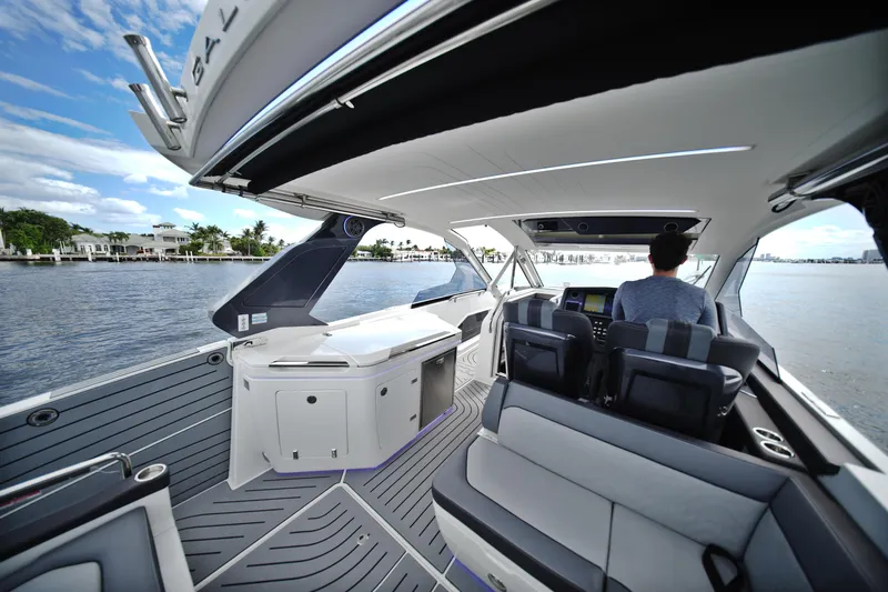  Yacht Photos Pics 2023 Galeon 400 XL yacht interior with modern seating and navigation controls.