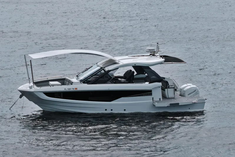  Yacht Photos Pics 2023 Galeon 400 XL luxury yacht on calm water.