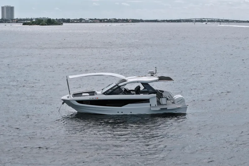  Yacht Photos Pics 2023 Galeon 400 XL yacht on calm waters, showcasing sleek design and modern features.