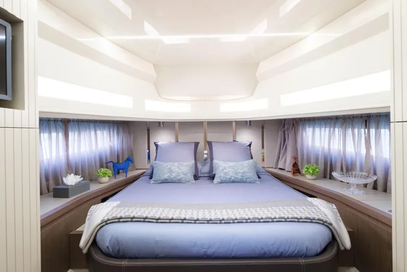  Yacht Photos Pics Luxurious 2023 Invictus 460TT yacht cabin with elegant bedding and modern decor.