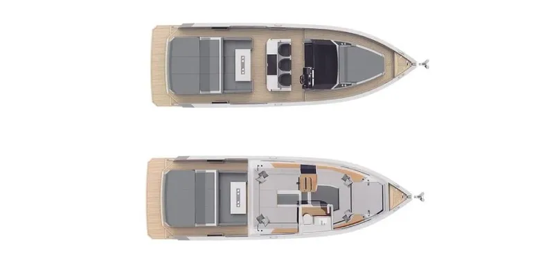  Yacht Photos Pics Top view layout of 2025 De Antonio Yachts D36, showcasing deck and interior design.